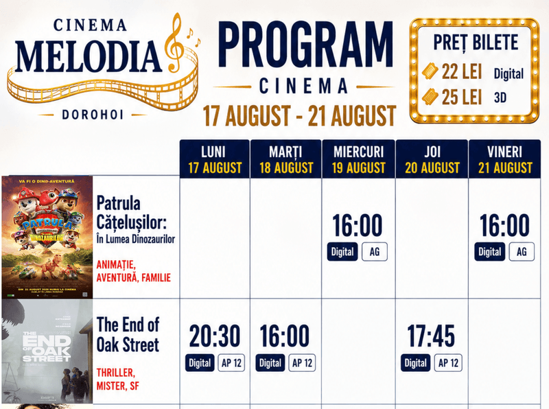 Vezi ce filme vor rula la Cinema „MELODIA” Dorohoi, în perioada 17 august - 6 septembrie – FOTO