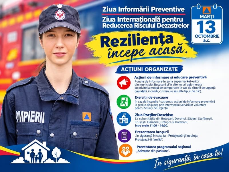 „Reziliența începe acasă” - ISU Botoșani alături de comunitate de Ziua Internațională pentru Reducerea Riscului Dezastrelor și Ziua Informării Preventive