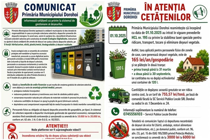 Primăria Municipiului Dorohoi informează cetățenii cu privire la sistemul de gestionare al deșeurilor