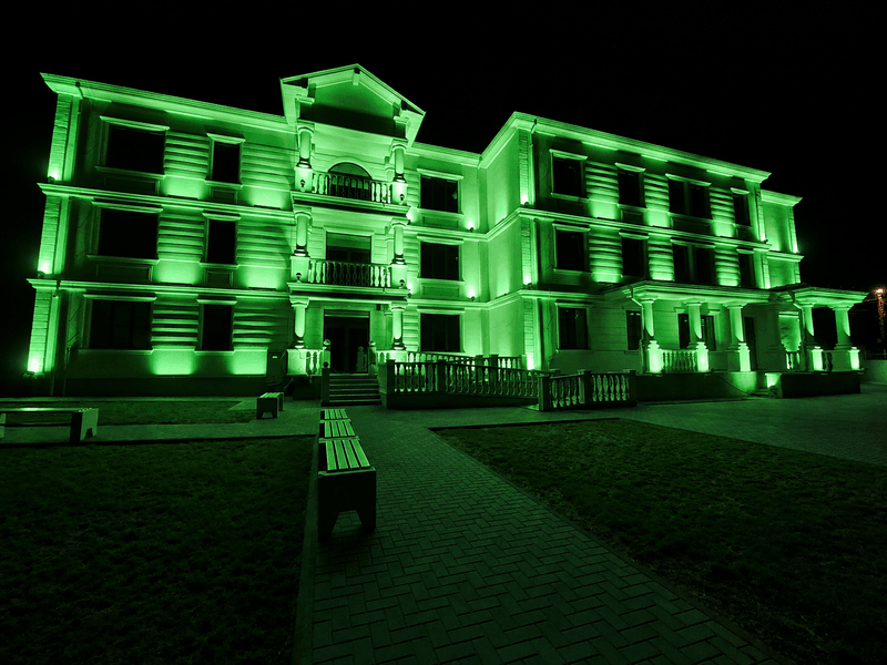 Clădirea Centrului de Zi Multifuncțional Dorohoi, iluminată în verde pentru marcarea Zilei Mondiale a Sănătății Mintale